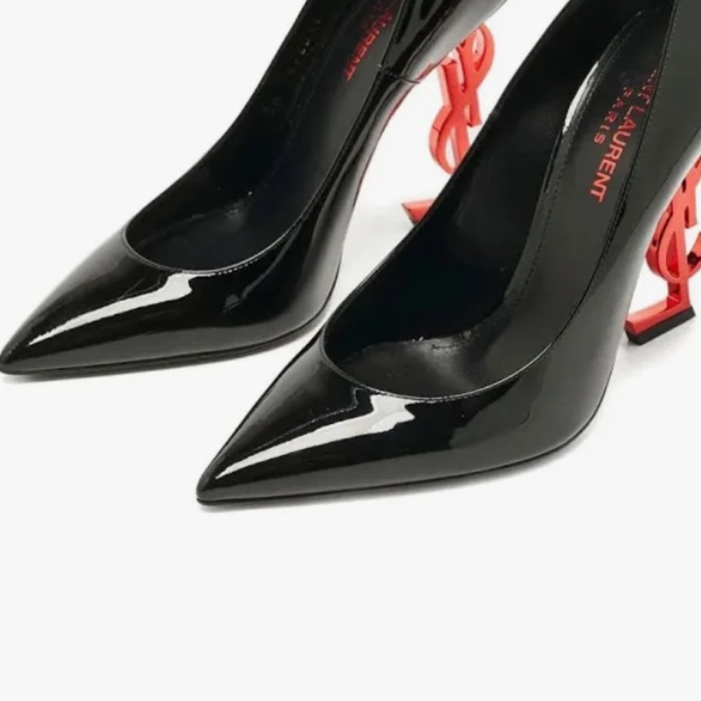YSL in sleek black bold pink YSL logo heel new w/box & shoe protector bag